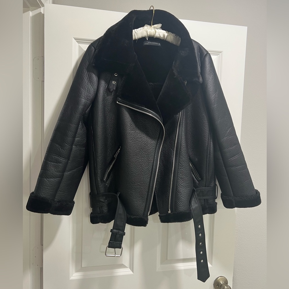 Zara Faux Leather and Shearling Biker Jacket